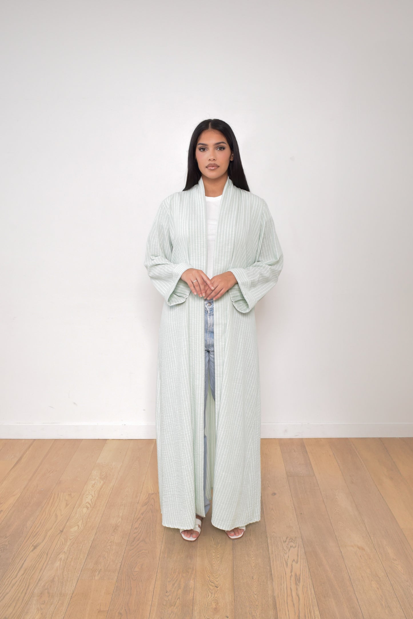 Kibaya Céline Rayé Céladon et Blanc